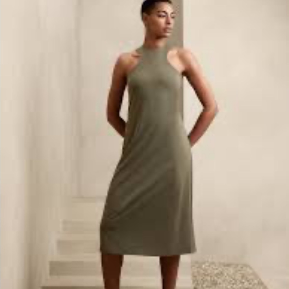 Banana Republic Olive High-Neck Knee Length Asymmetrical Sleeveless Dress Sz Sm
